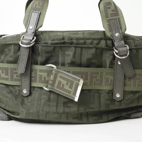 FENDI Zucca Nylon Tote Bag Khaki Ladies FF Pattern Handbag 450-013125 - Picture 2 of 12